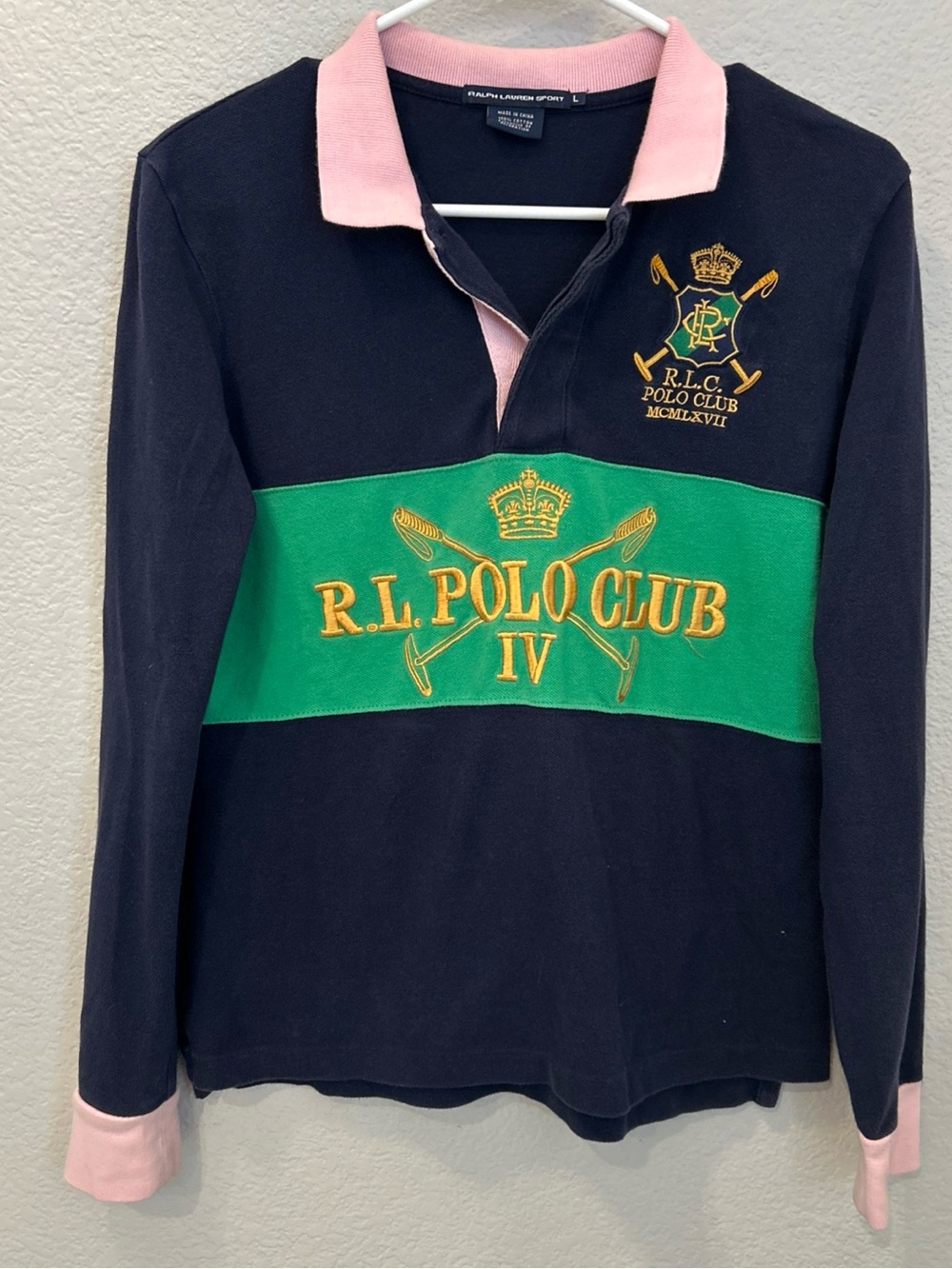 Ralph Lauren Sport Polo Club Rugby Long Sleeve Shirt Embroidered Crest Logo L